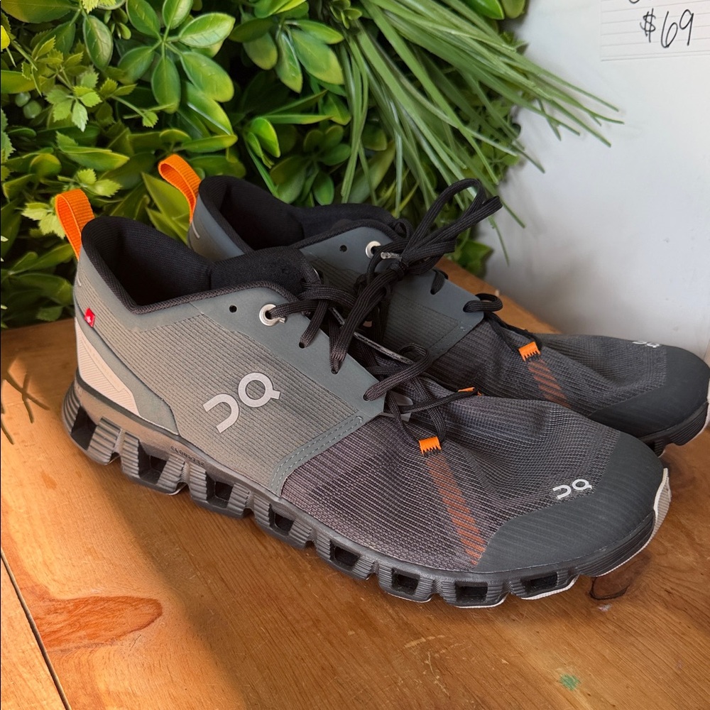 On Running Men's Black and Gray Athletic Shoes with Orange Accents